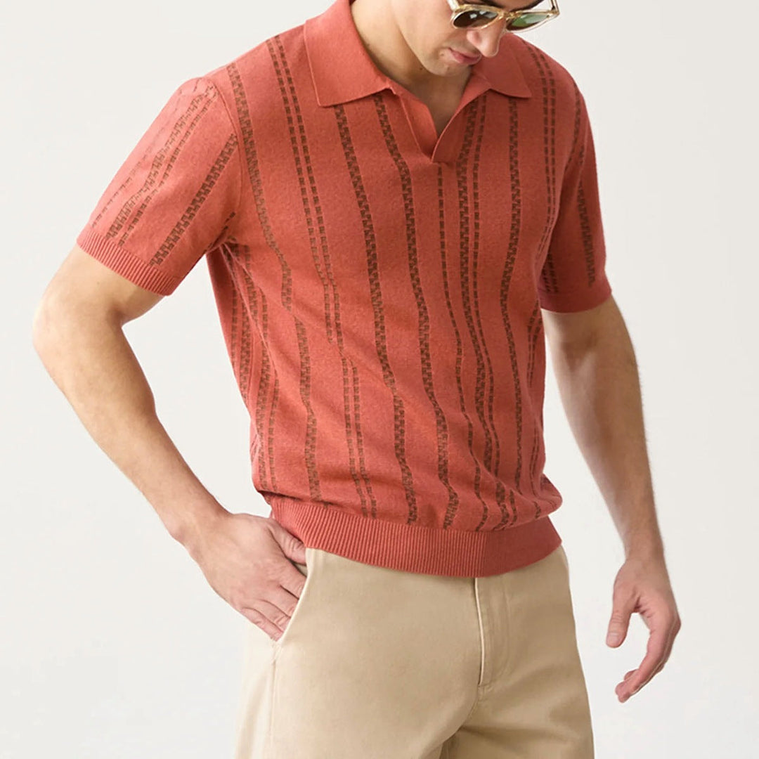 Mens Polo Shirt Jacquard Knit Blend V-Neck Relaxed Fit - BritishMode