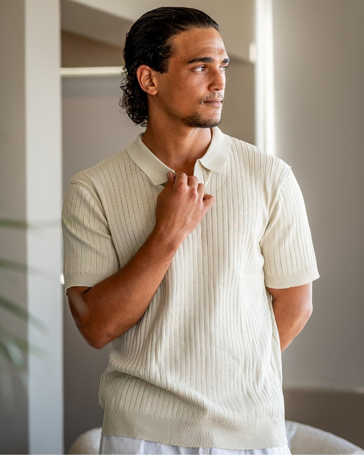 Mens Polo Shirt Ribbed Texture Shape Retention Fit