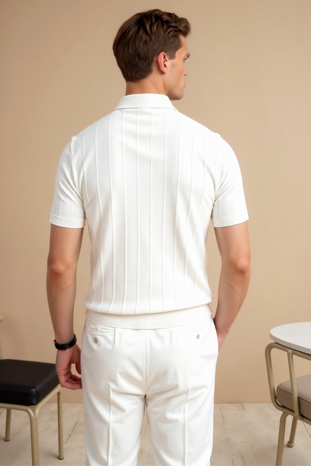 Mens Polo Shirt Vertical Stripe Placket Streamlined Fit
