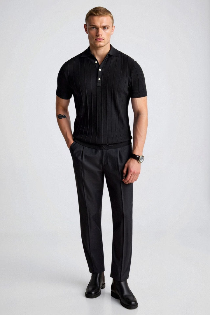Mens Polo Shirt Vertical Stripe Placket Streamlined Fit