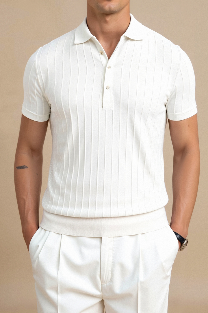 Mens Polo Shirt Vertical Stripe Placket Streamlined Fit - BritishMode