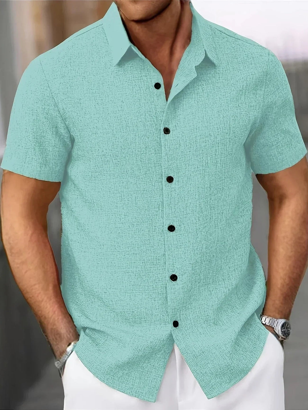 Mens Shirt Polyester Blend Button Front Breathable Fit