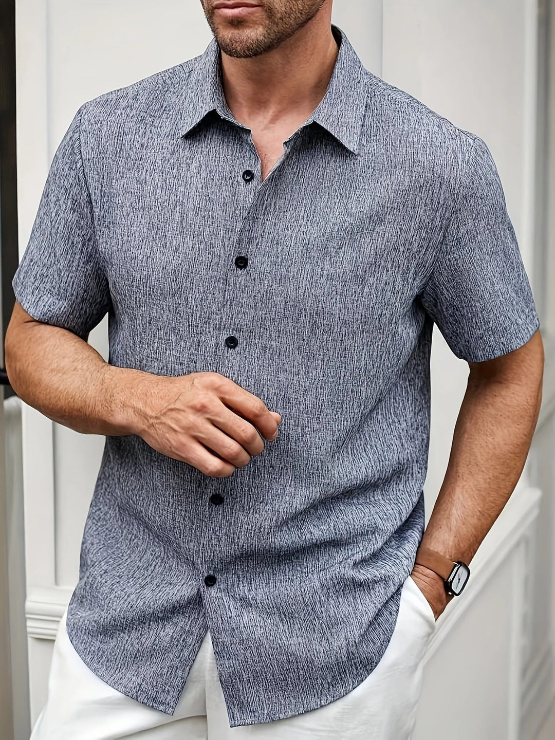 Mens Shirt Polyester Blend Button Front Breathable Fit