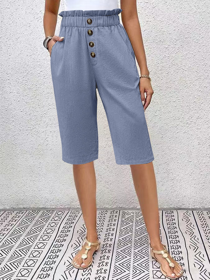 Womens High Waist Linen Shorts with Button Closure - BritishMode