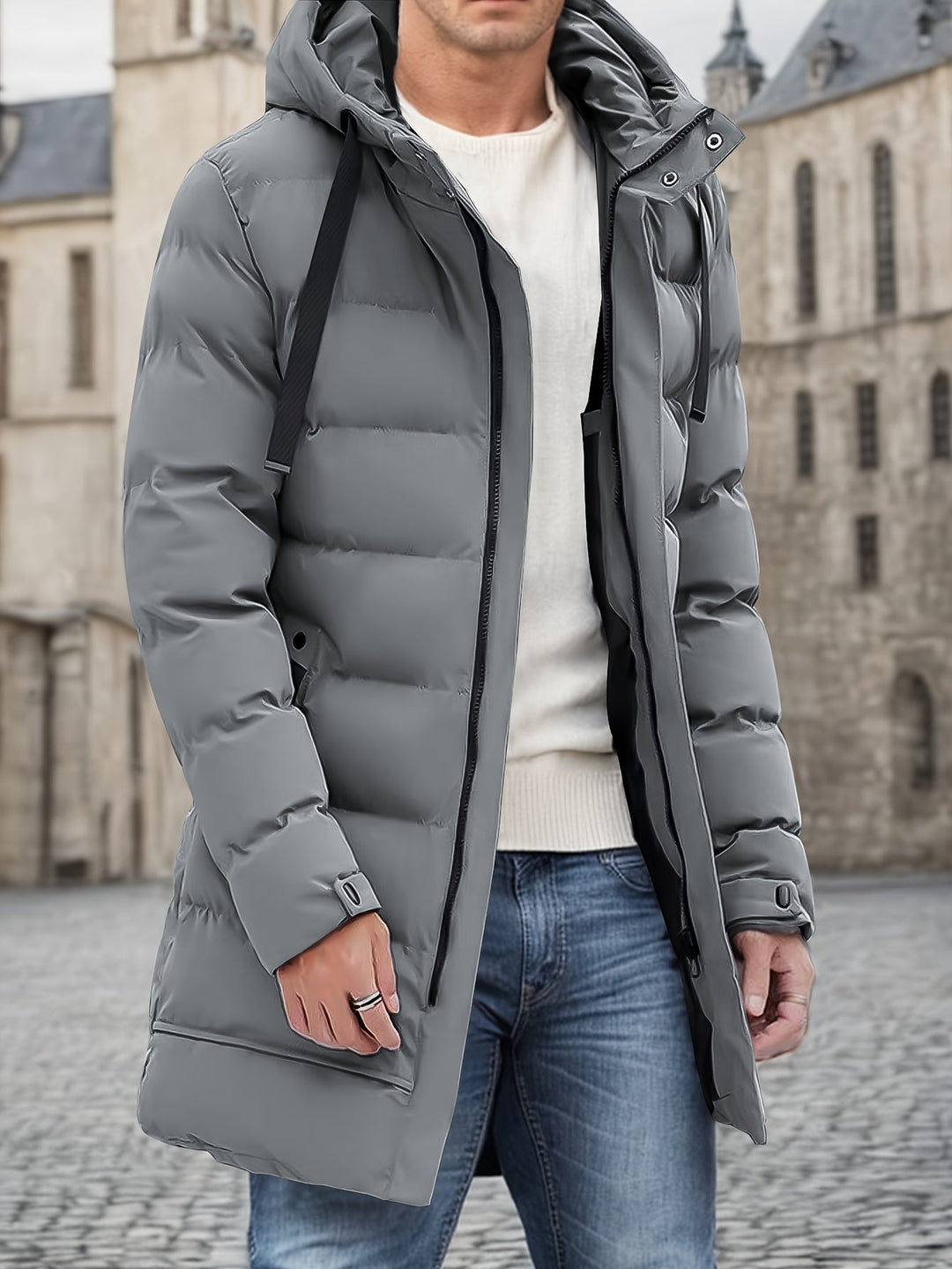 Mens Long Hooded Puffer Jacket Warm Insulated