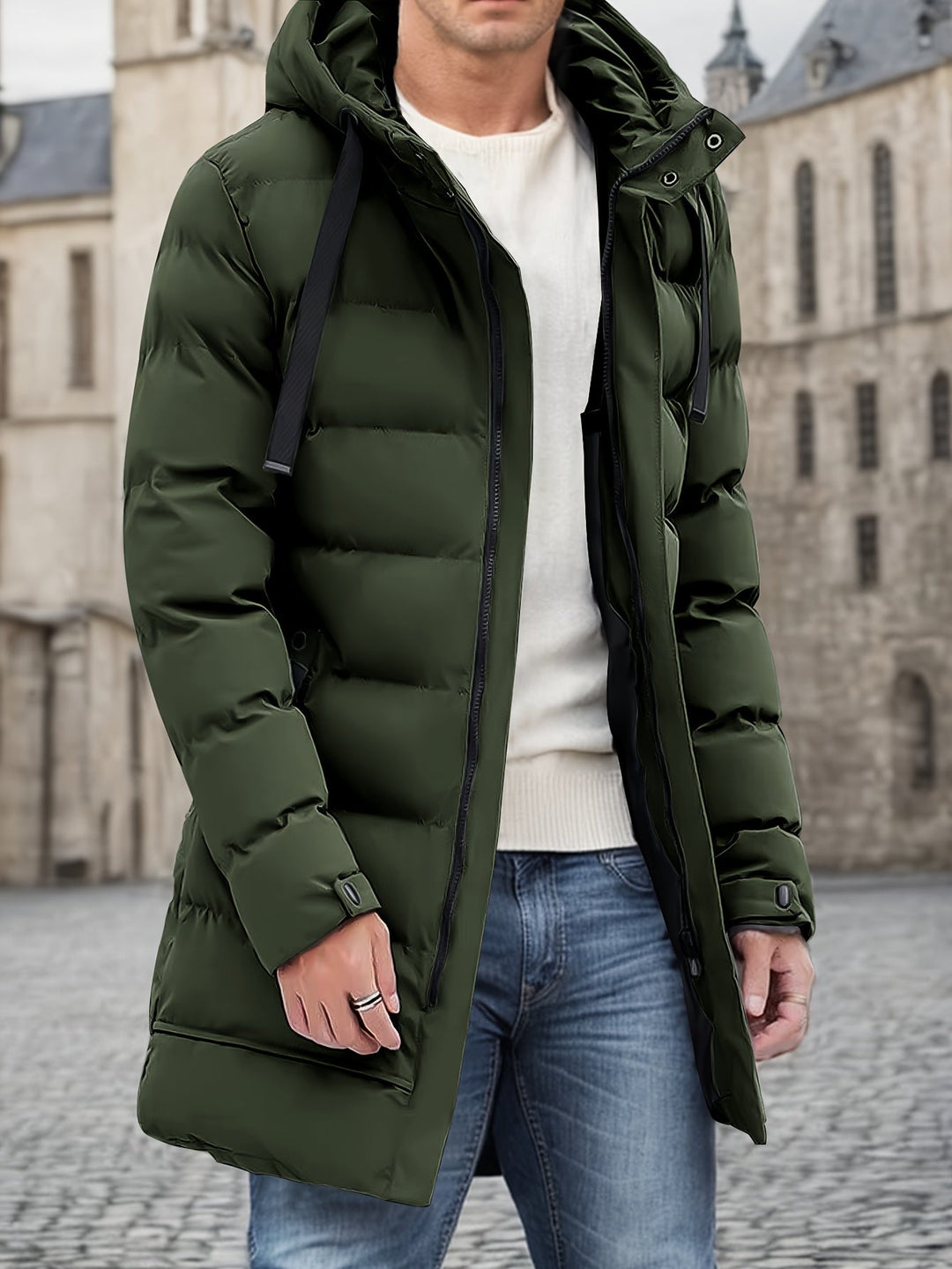 Mens Long Hooded Puffer Jacket Warm Insulated