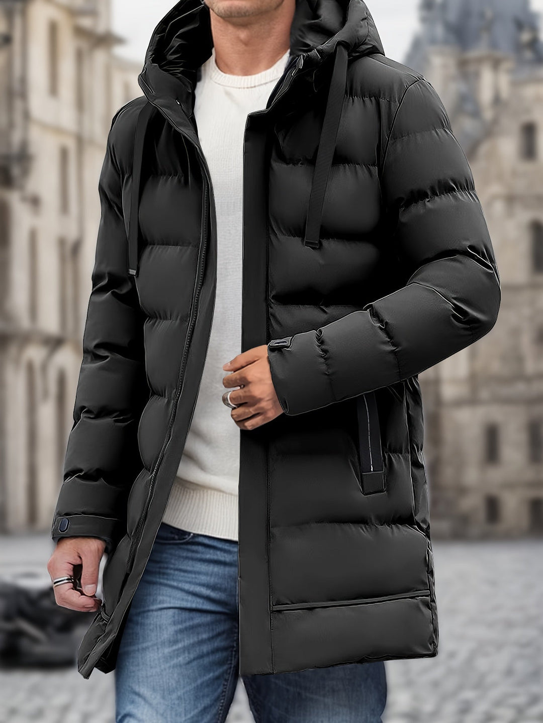 Mens Long Hooded Puffer Jacket Warm Insulated