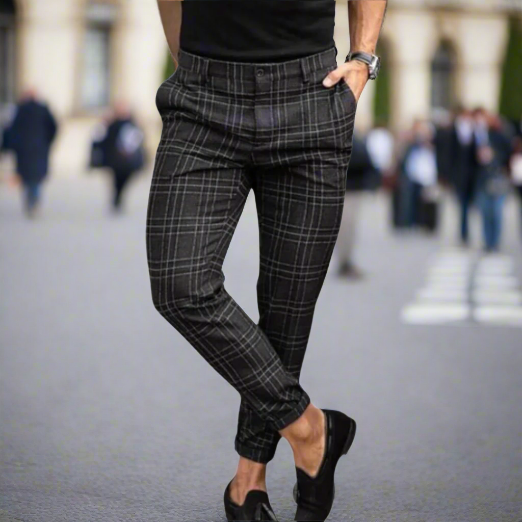 Mens Chino Trousers Cotton Slim Fit Plaid - BritishMode