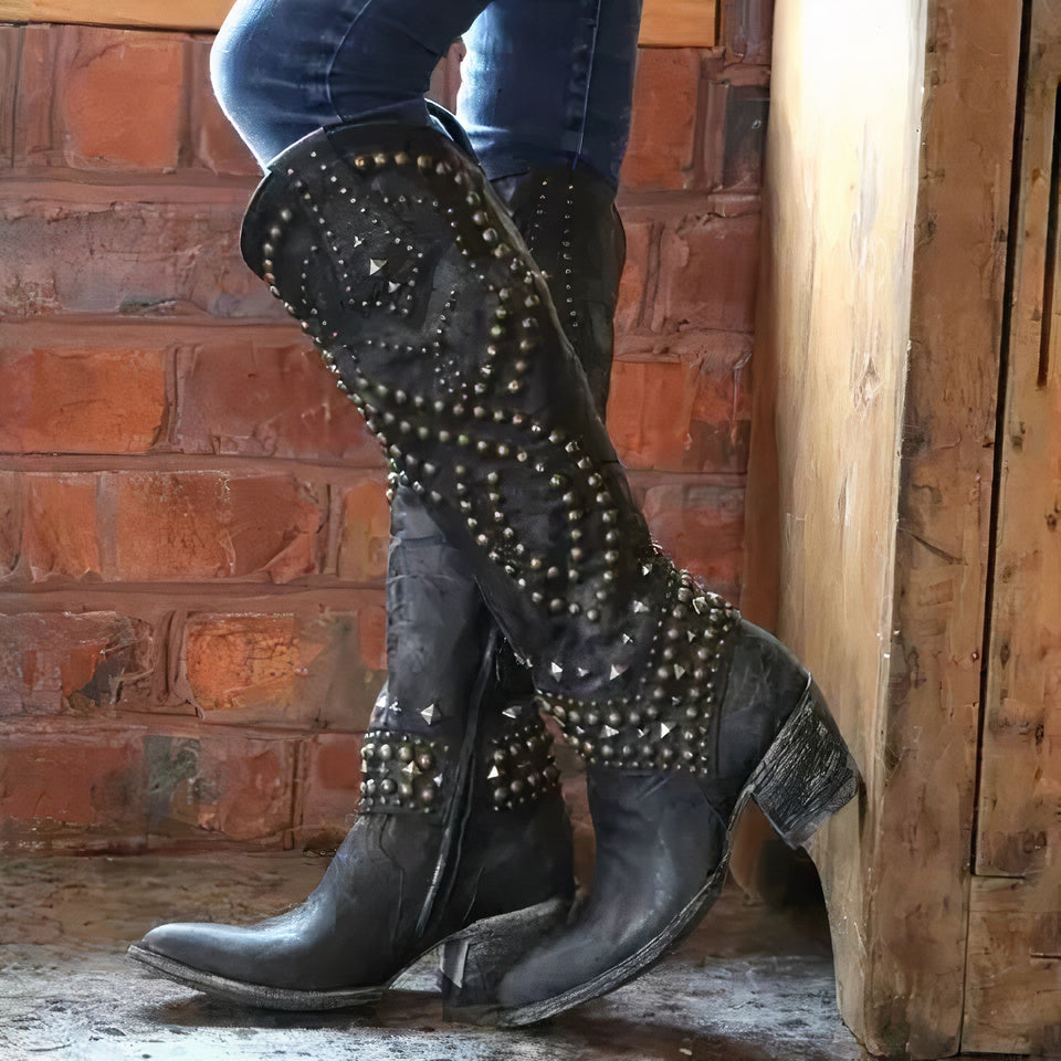 Womens High Heel Boots Faux Leather Metal Buckle Detail - BritishMode