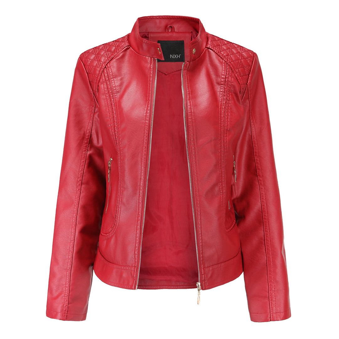 Womens PU Leather Jacket Stand-Up Collar Slim Fit