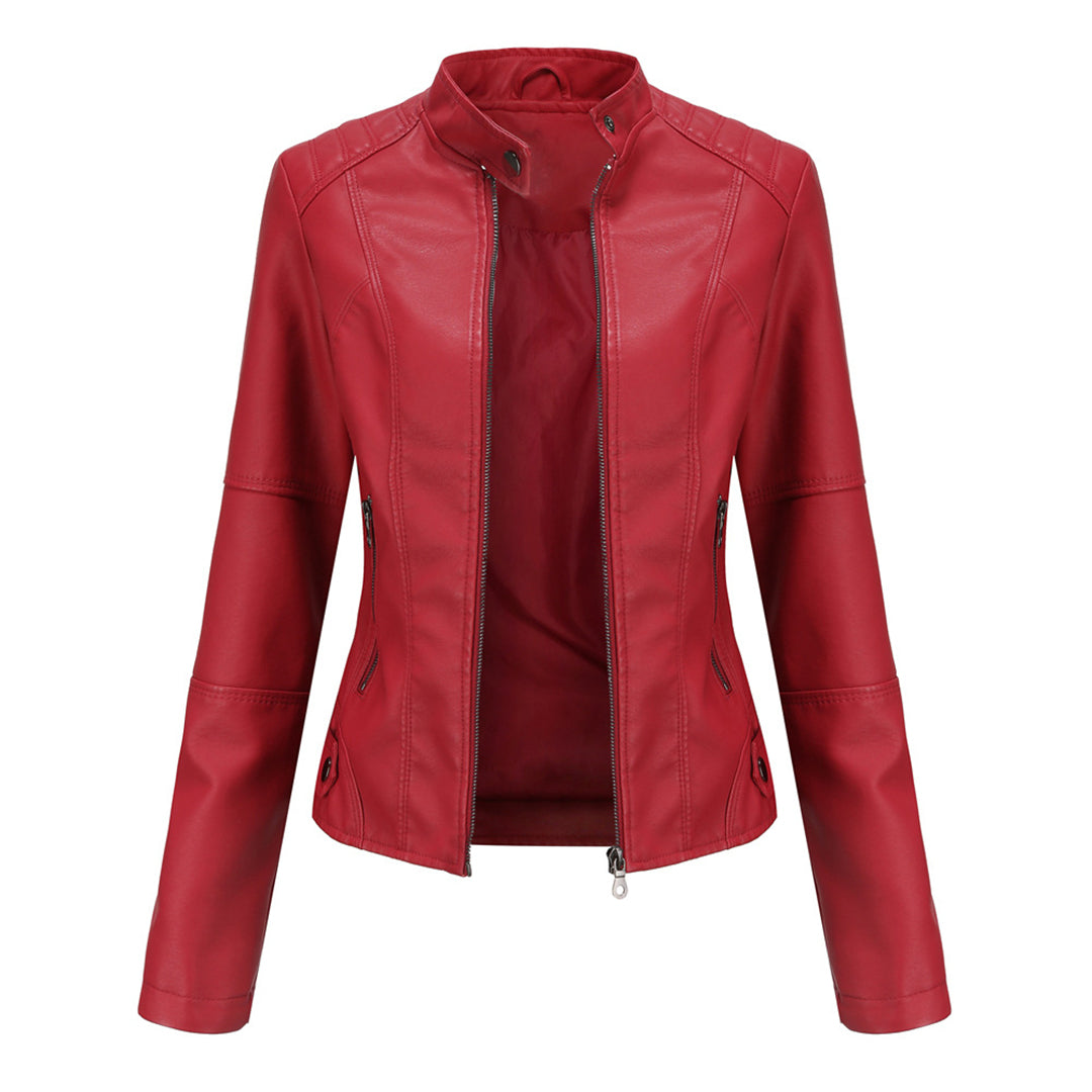 Womens Leather Biker Jacket with Zipper Slim Fit