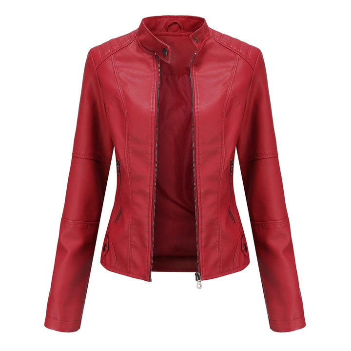 Womens Leather Biker Jacket with Zipper Slim Fit