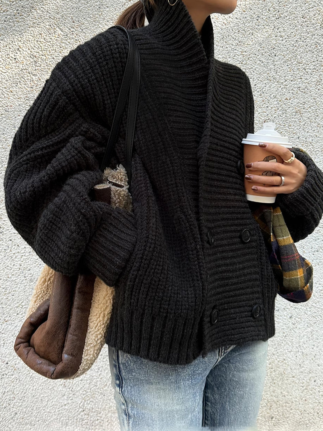 Womens Ribbed Knit Jacket with Lapel and Buttons - BritishMode