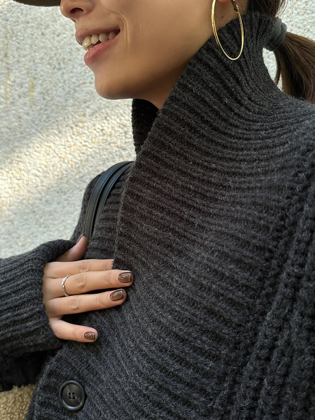 Womens Ribbed Knit Jacket with Lapel and Buttons