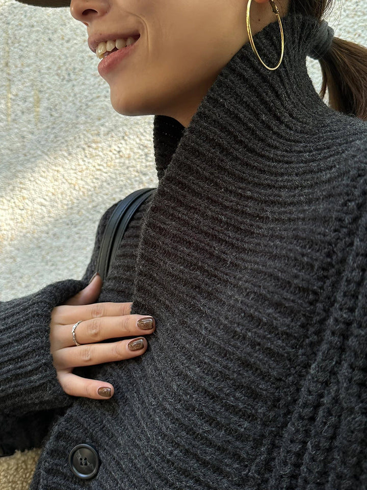 Womens Ribbed Knit Jacket with Lapel and Buttons