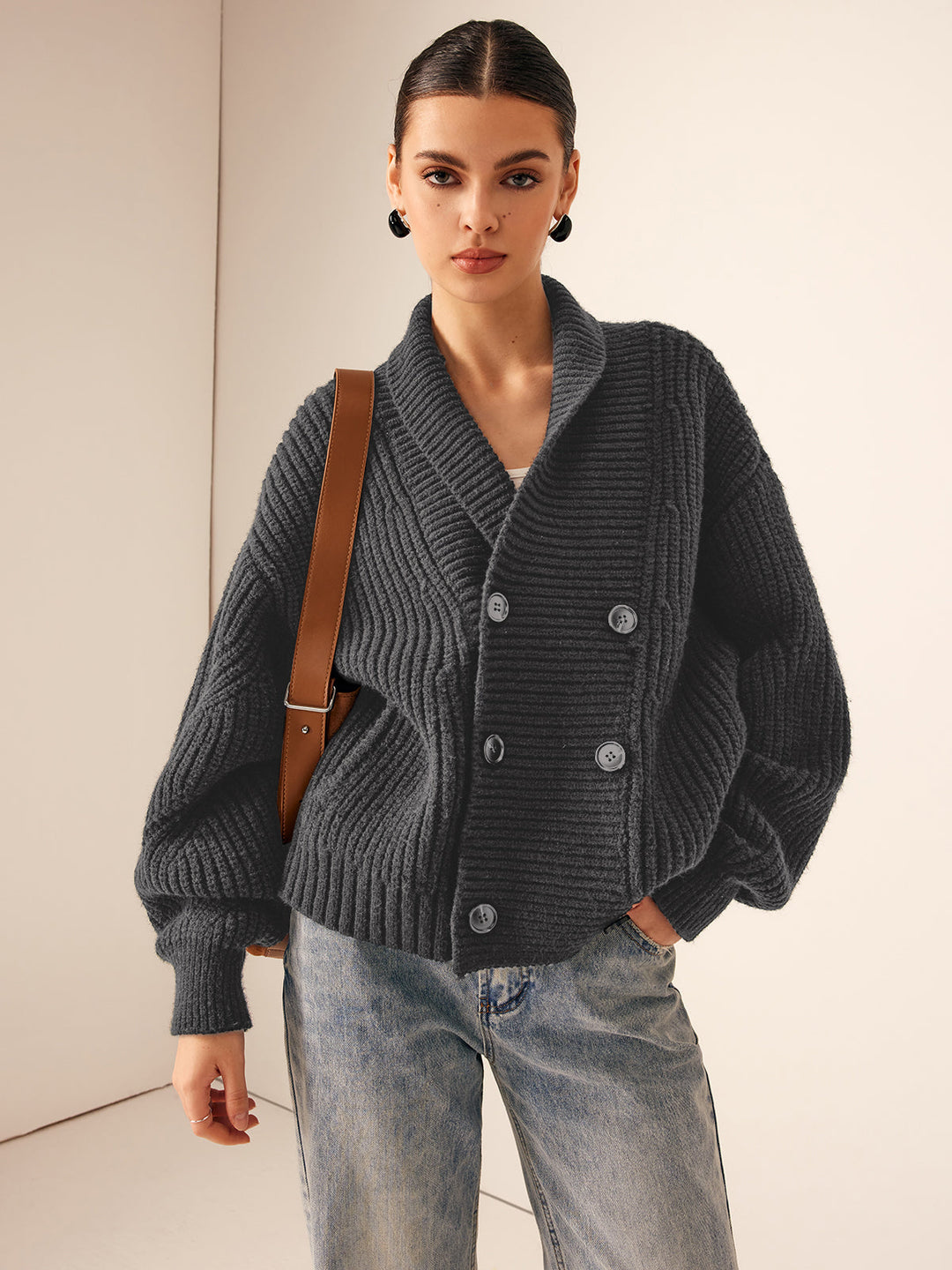 Womens Ribbed Knit Jacket with Lapel and Buttons
