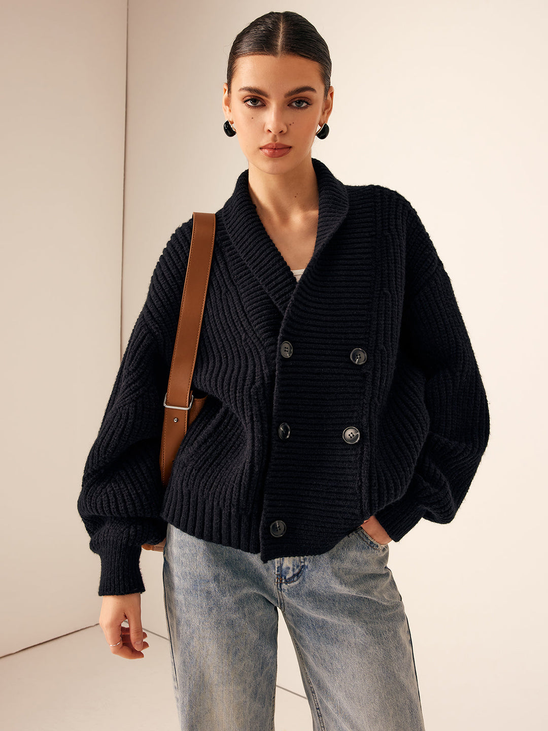 Womens Ribbed Knit Jacket with Lapel and Buttons