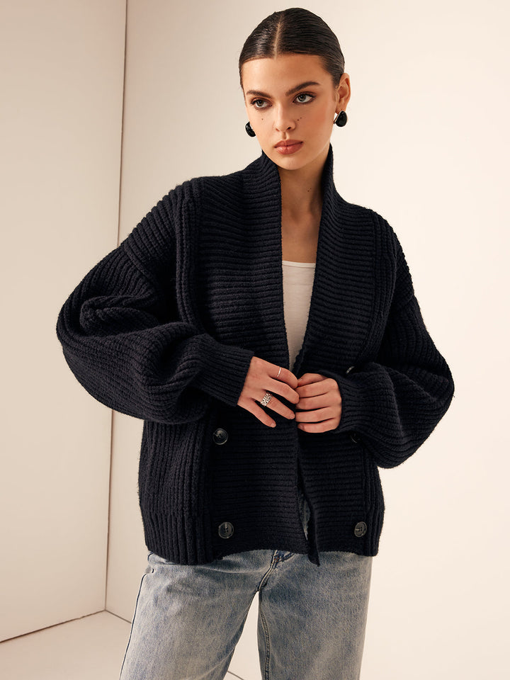 Womens Ribbed Knit Jacket with Lapel and Buttons