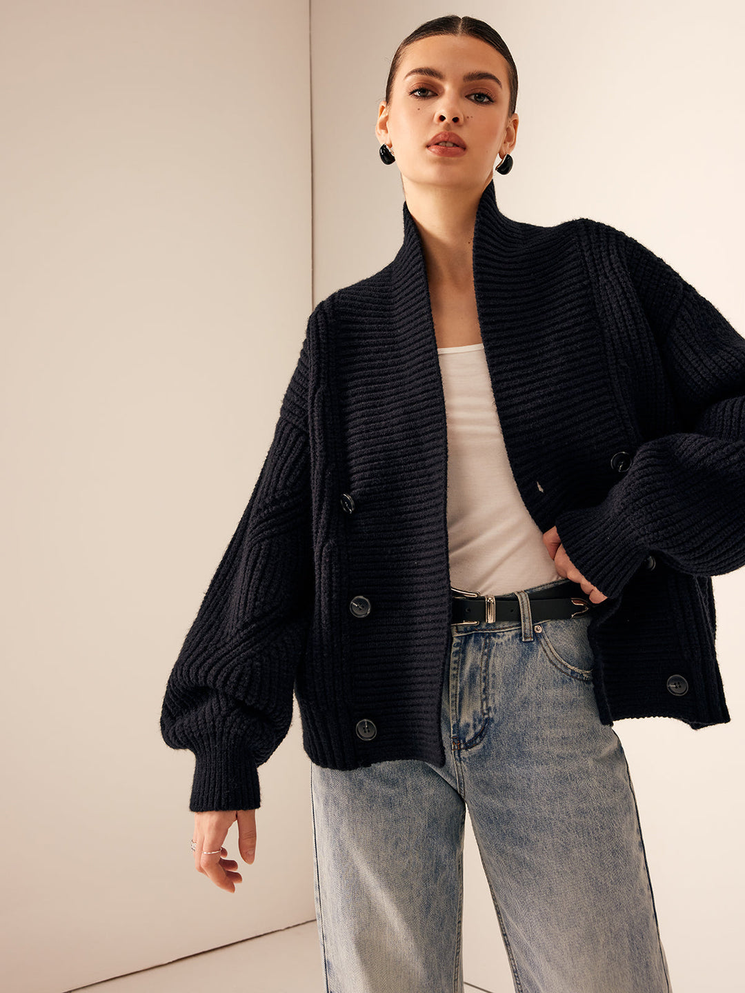 Womens Ribbed Knit Jacket with Lapel and Buttons