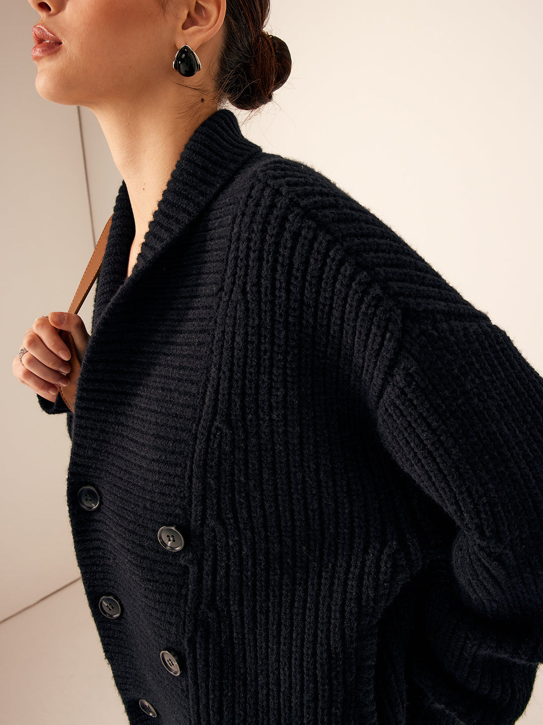 Womens Ribbed Knit Jacket with Lapel and Buttons