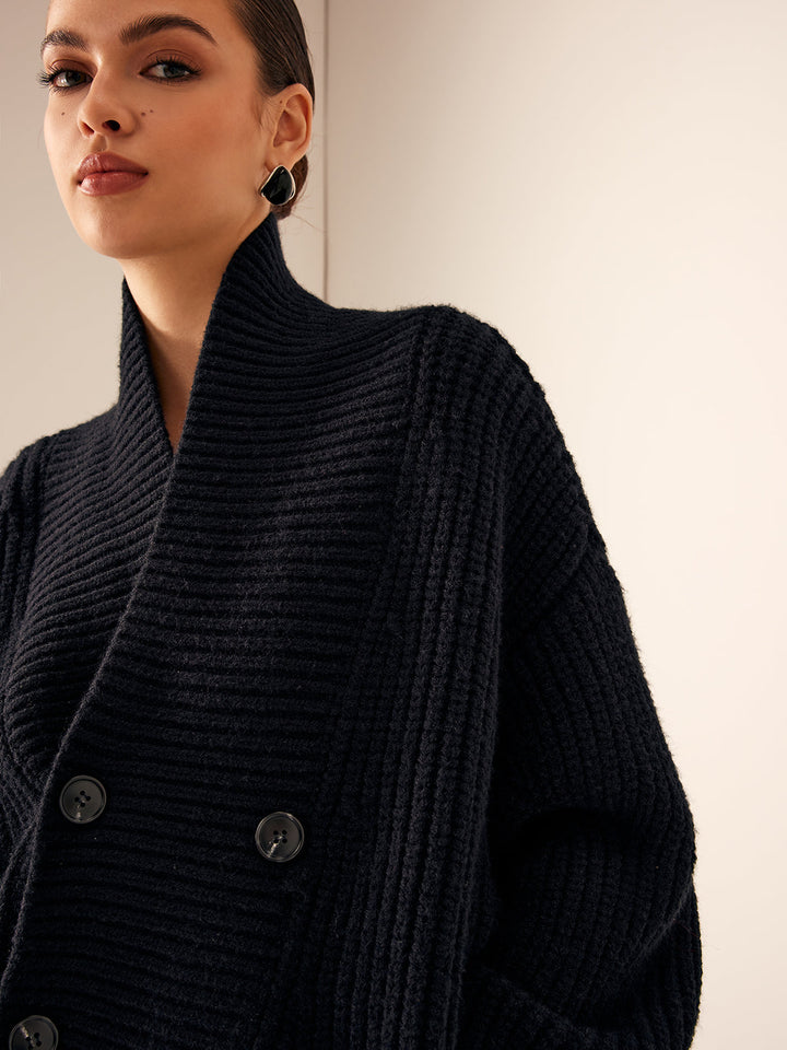 Womens Ribbed Knit Jacket with Lapel and Buttons
