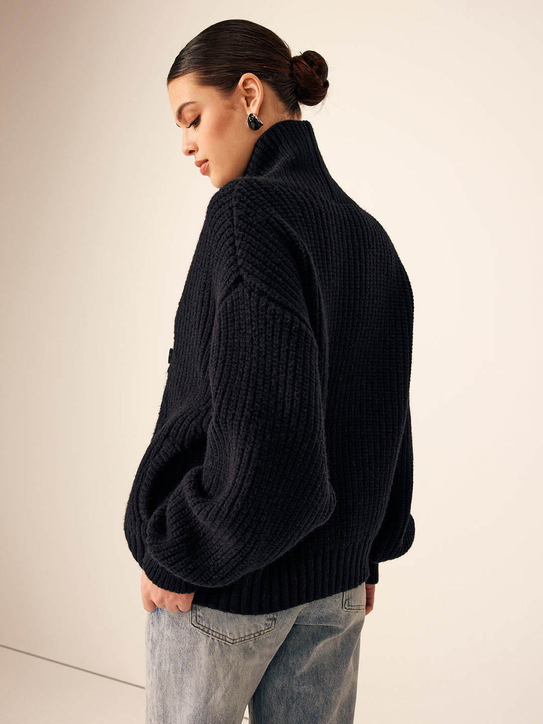 Womens Ribbed Knit Jacket with Lapel and Buttons