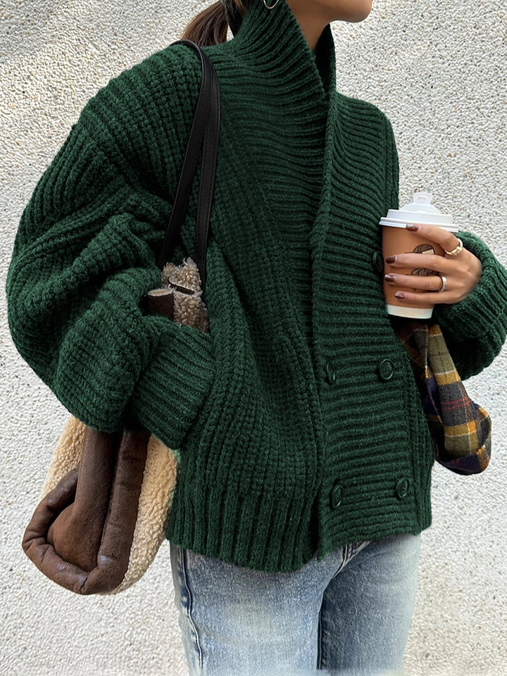 Womens Ribbed Knit Jacket with Lapel and Buttons