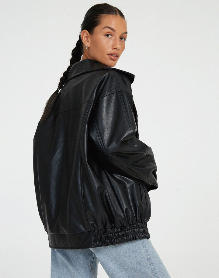 Womens Oversized Leather Bomber Jacket Relaxed Fit