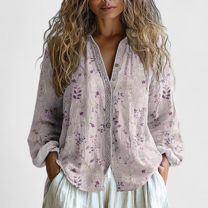 Womens Long Sleeve Shirt V-Neck Button-Up Floral Print