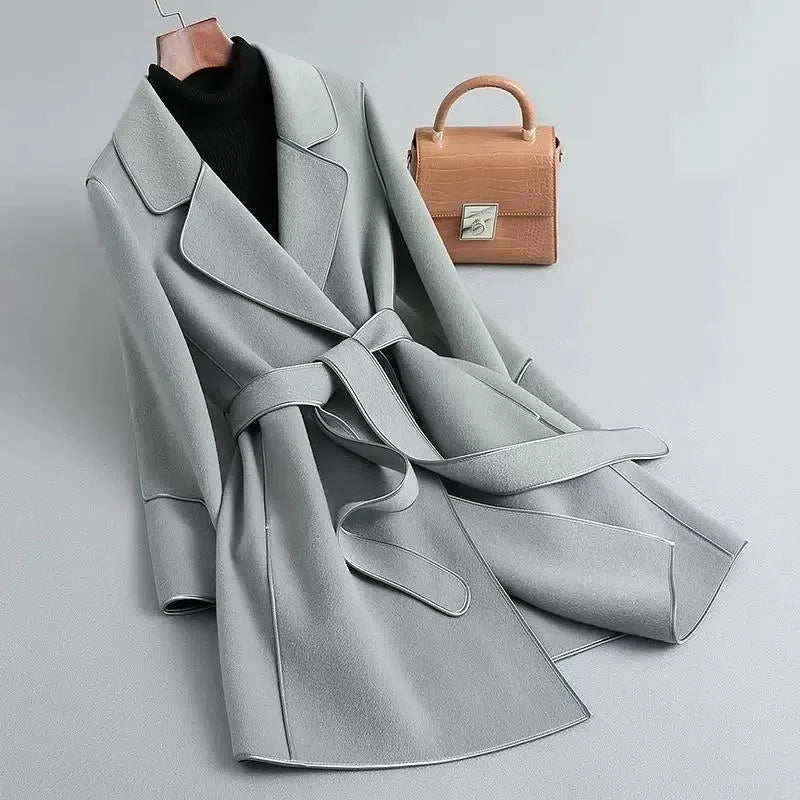 Womens Wool Coat Belted Tailored Wrap Overcoat