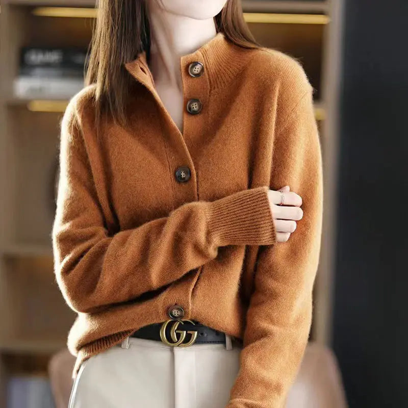 Womens Knit Cardigan Button-Front Notch Lapel Long Sleeve