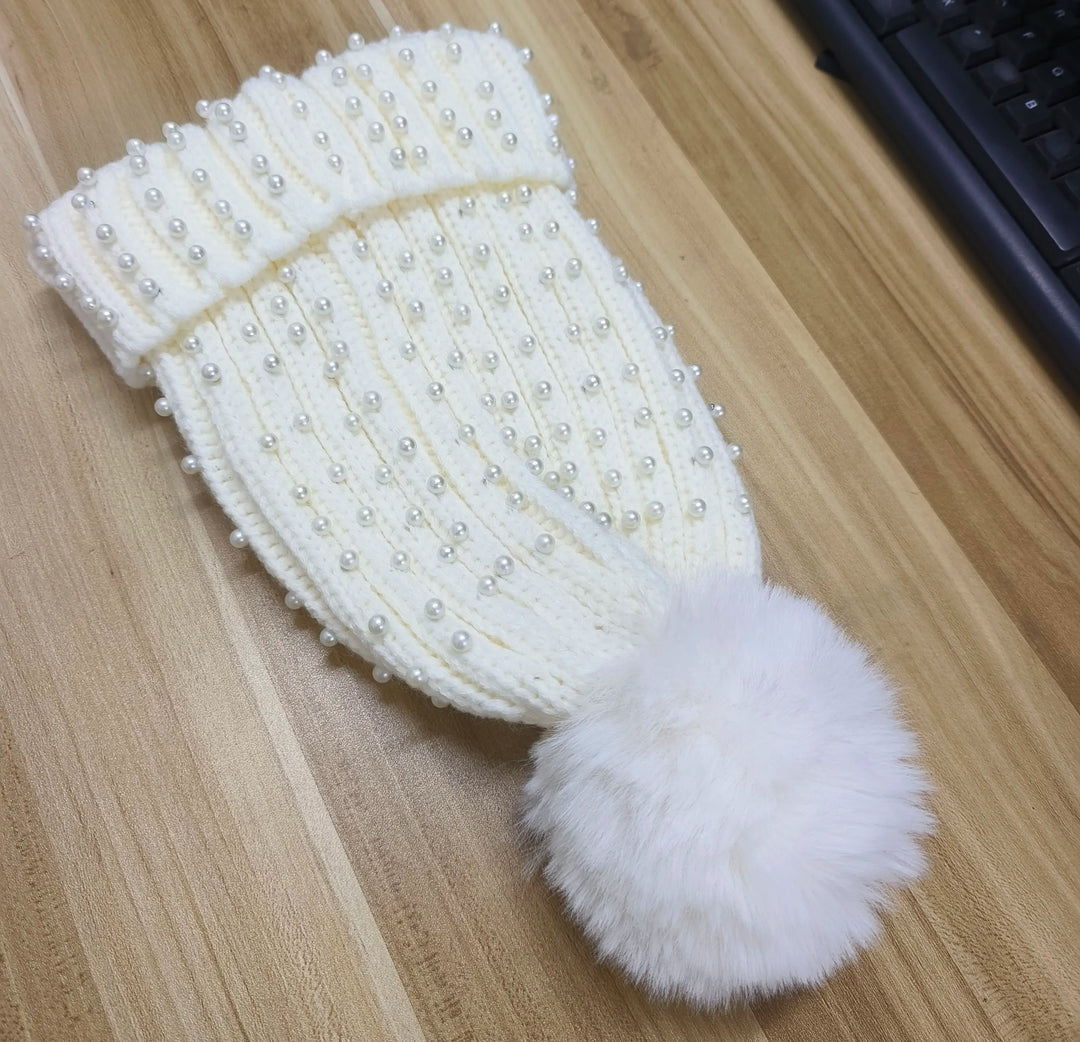 Unisex Winter Knit Hat with Beaded Pom Pom