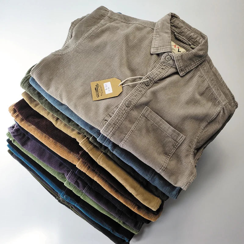 Mens Corduroy Shirt Cotton Long Sleeve Classic Fit - BritishMode