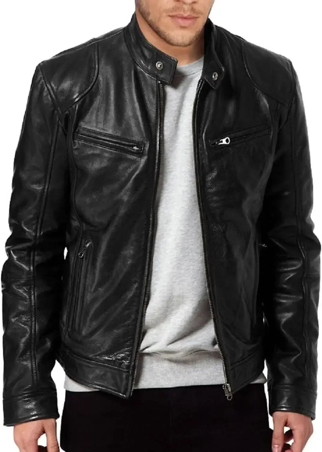 Mens Biker Jacket PU Leather Fitted Style