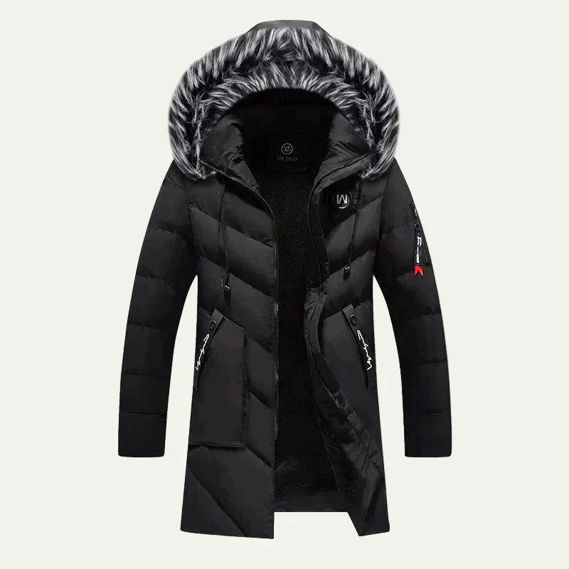 Mens Quilted Parka with Hood and Faux Fur Trim