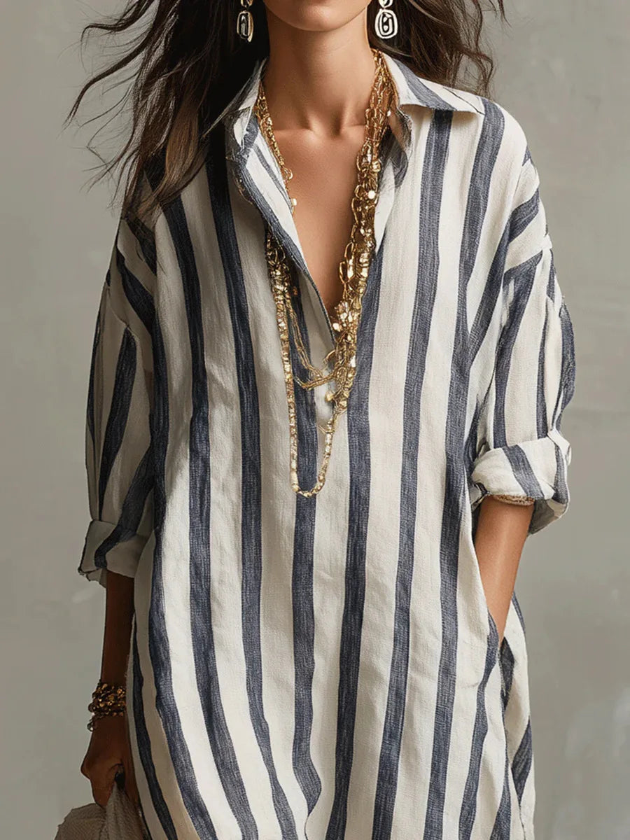Womens Maxi Shirt Dress with Lapel Collar and Button Placket