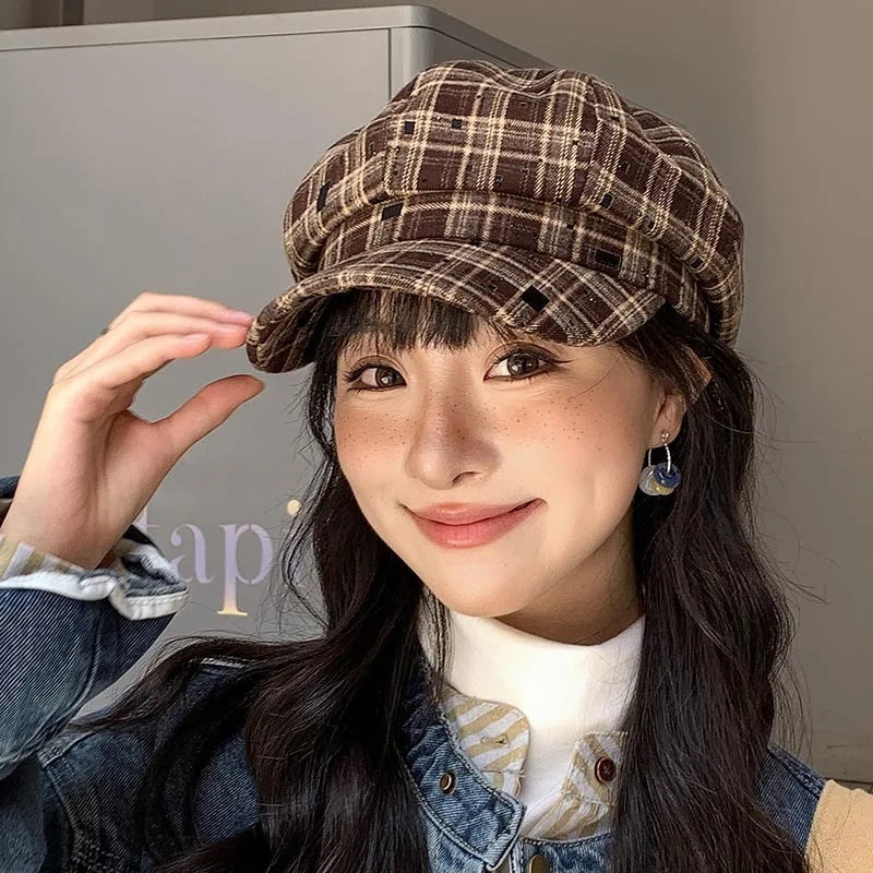 Womens Beret Hat Wool Classic Check Pattern - BritishMode