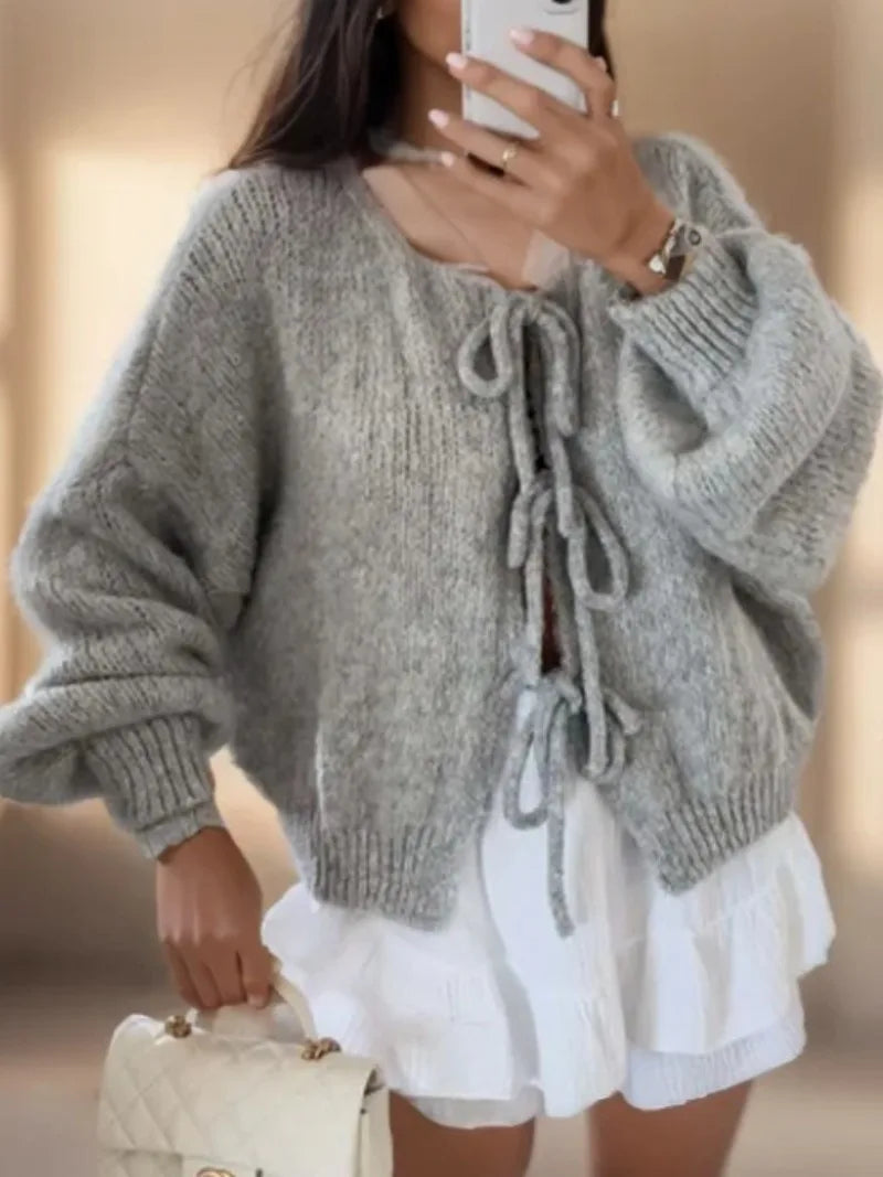 Womens Knit Cardigan with Tie-Front V-Neck Batwing Sleeve - BritishMode