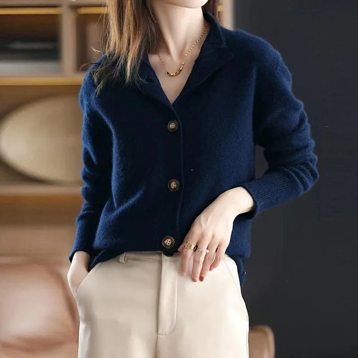 Womens Knit Cardigan Button-Front Notch Lapel Long Sleeve - BritishMode
