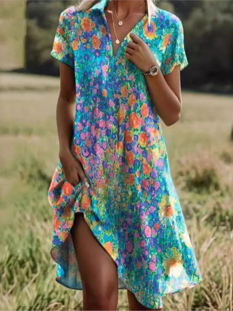 Womens Floral Dress with V-Neck and Button Front