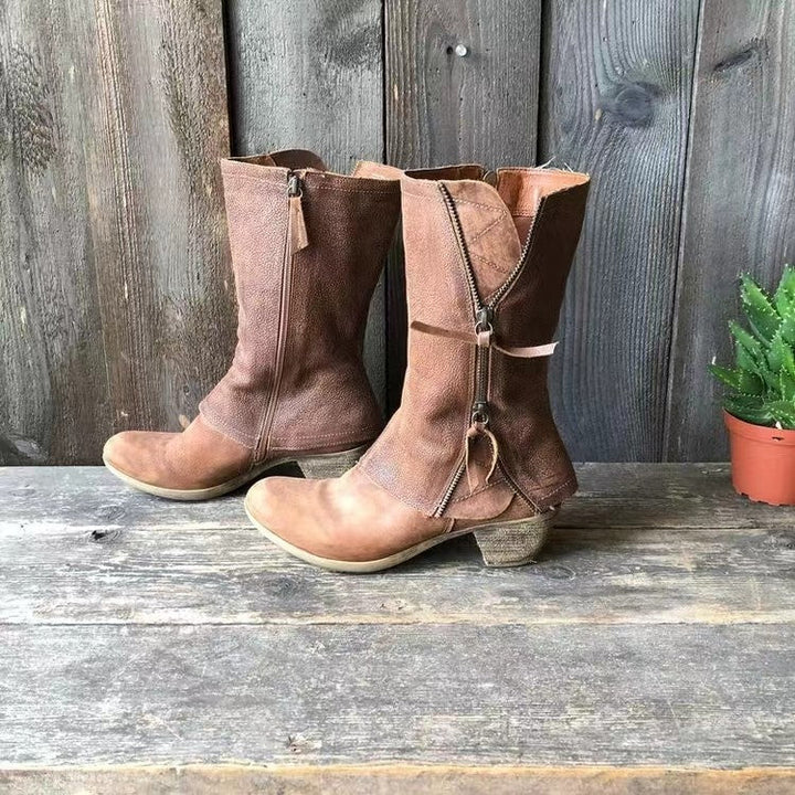 Womens Leather Mid-Calf Boots Zip Closure Block Heel