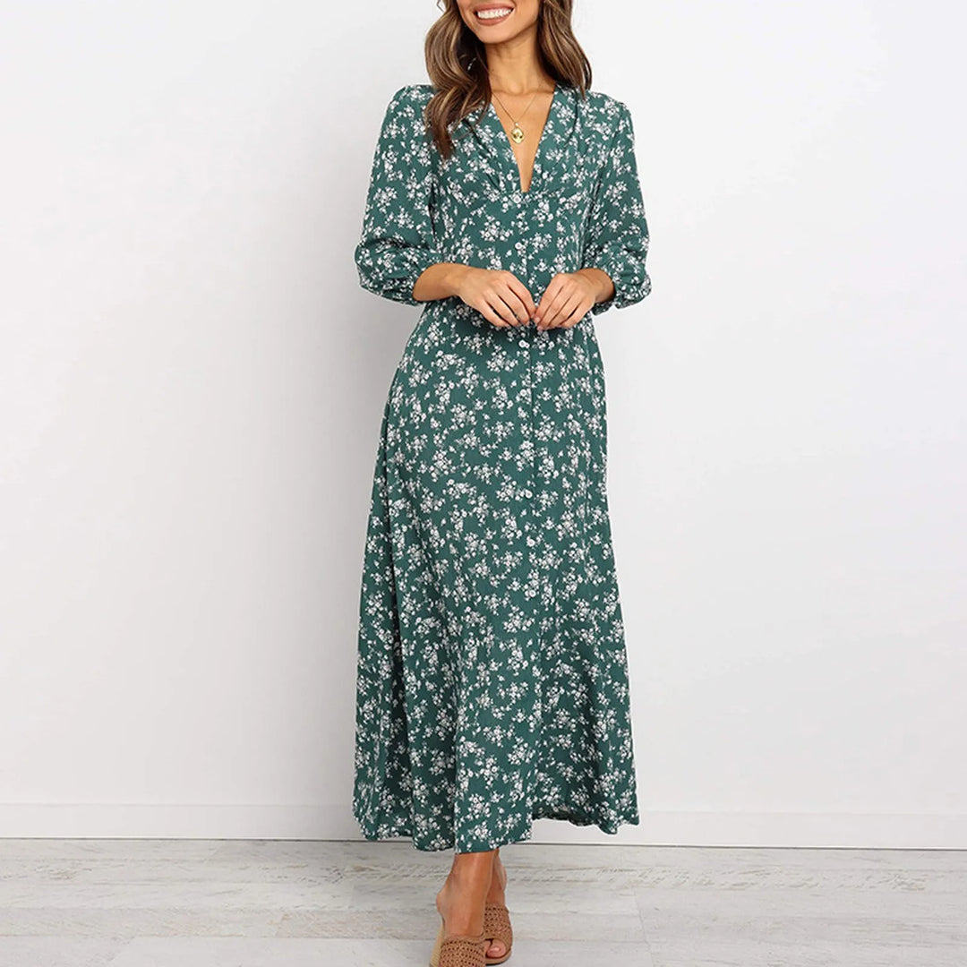 Womens Long Dress with V-Neck Floral Pattern