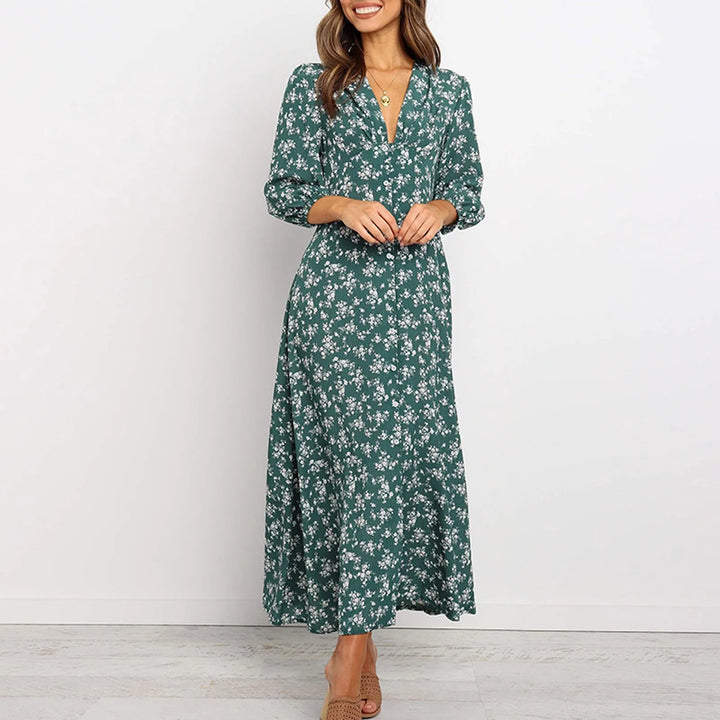 Womens Long Dress with V-Neck Floral Pattern