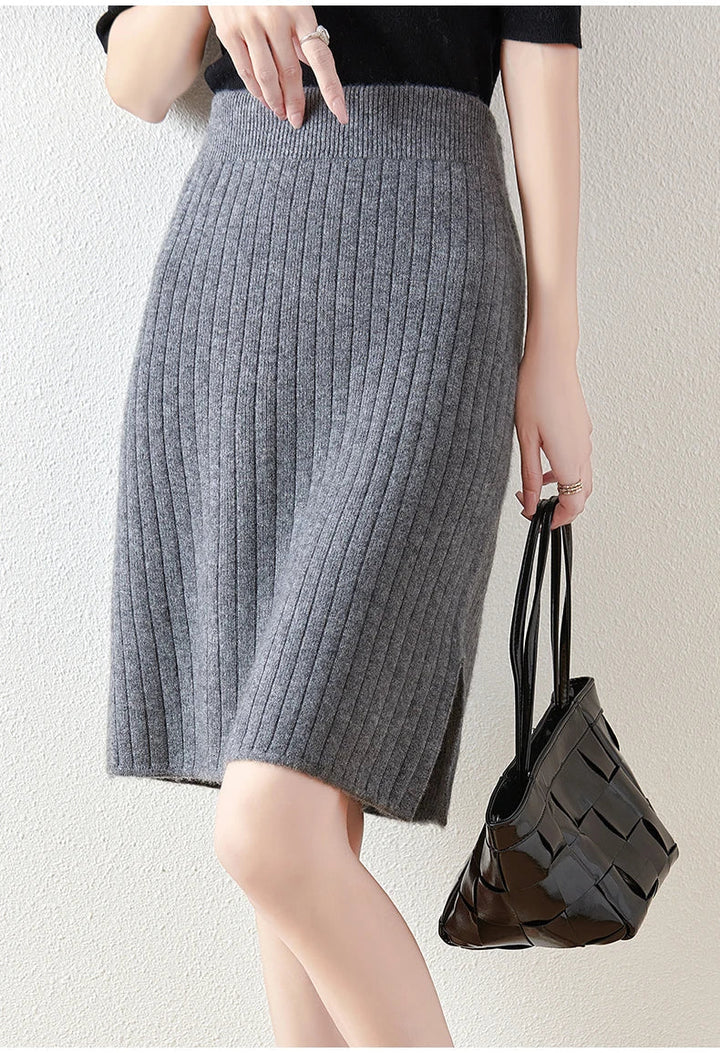 Womens Merino Wool Knit Midi Skirt Ribbed Soft Fit