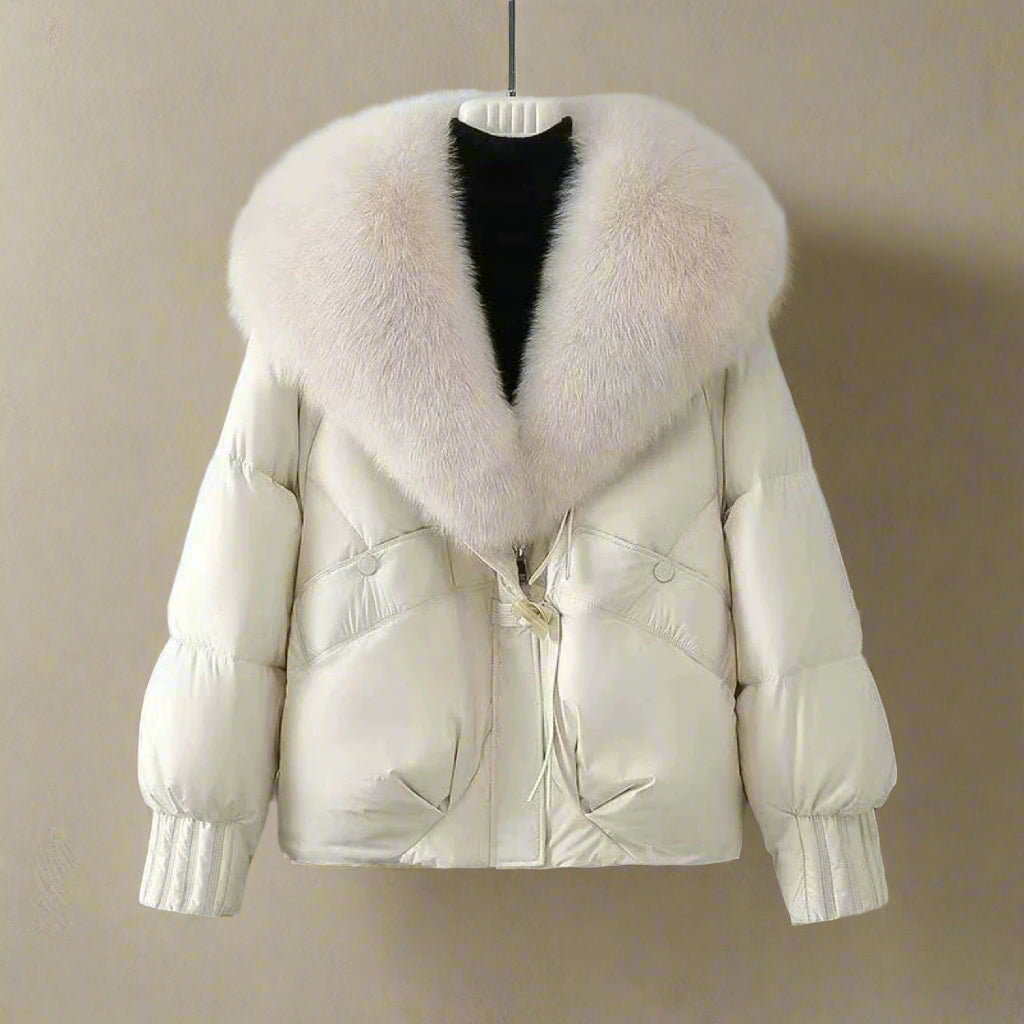 Womens Puffer Jacket with Fur Collar Relaxed Fit Toggle Closure - BritishMode