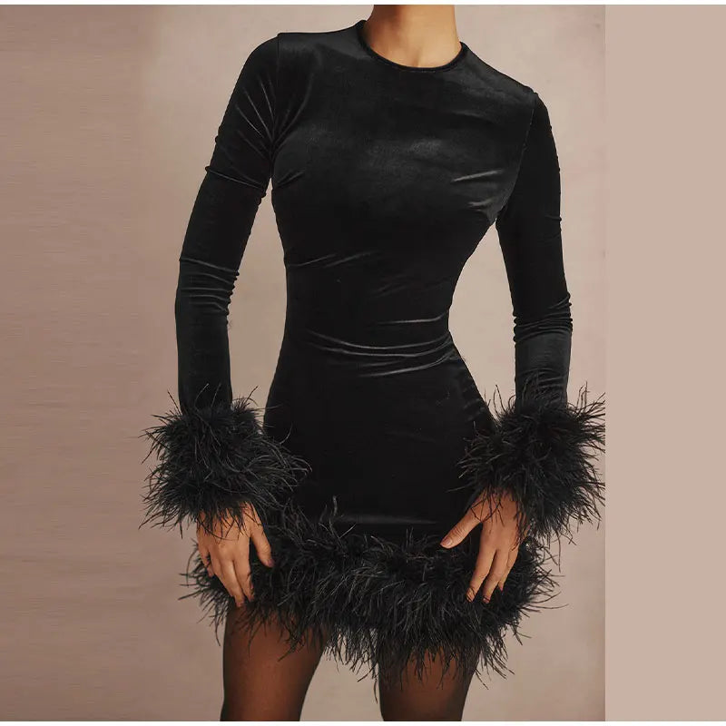 Womens Sheath Dress Feather-Trimmed Sleeves Elegant Fit