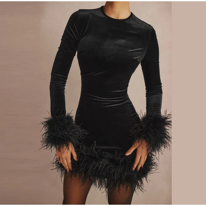 Womens Sheath Dress Feather-Trimmed Sleeves Elegant Fit