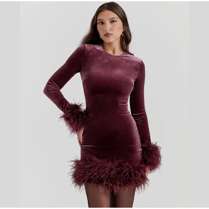 Womens Sheath Dress Feather-Trimmed Sleeves Elegant Fit