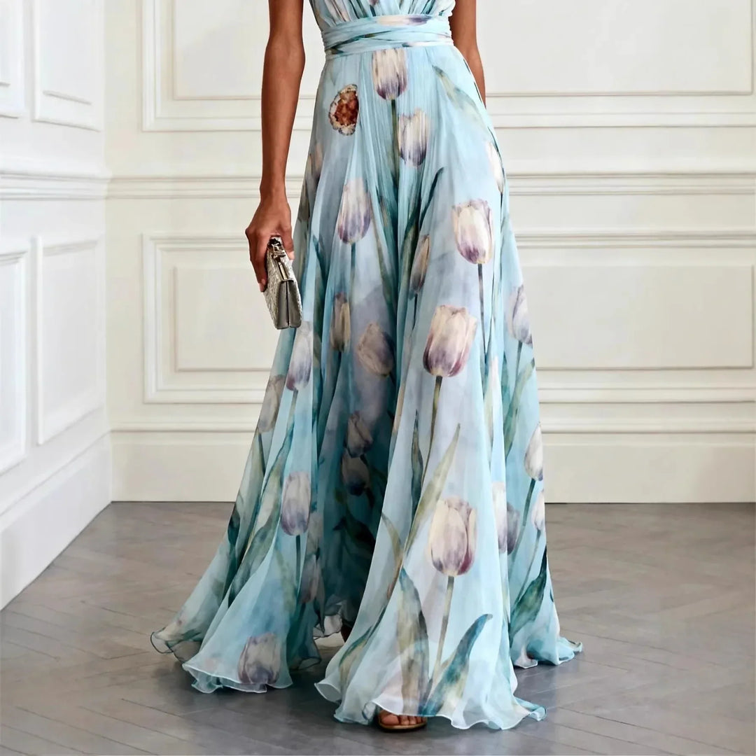 Womens Maxi Dress V-Neck Tulip Print Brooch Detail
