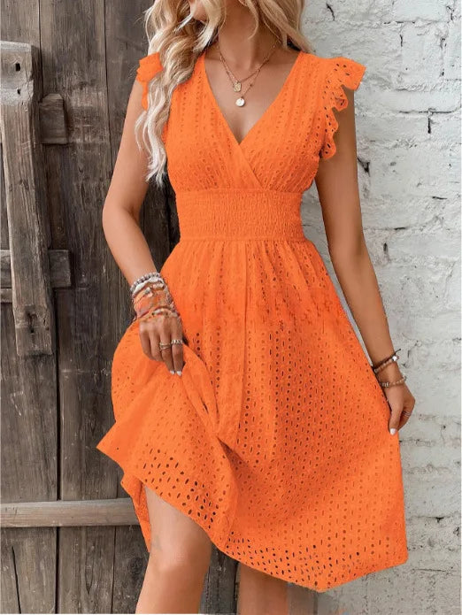 Womens Midi Dress with Lace and V-Neck